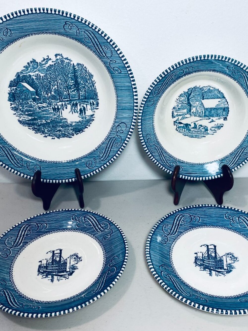 VNTG Currier & Ives (4 Pcs) Royal Blue China - Soup Bowl Fruit Bowl Saucers